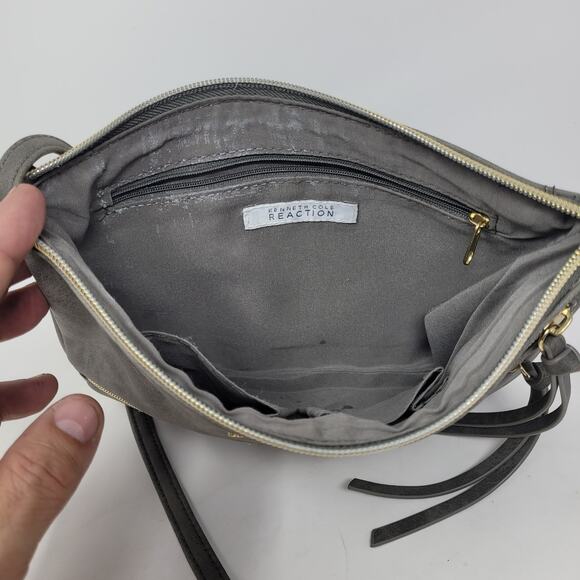 Kenneth Cole Reaction Women's Mini Lasso Cross Body Bag Silver Grey Suede Gold - Picture 4 of 6